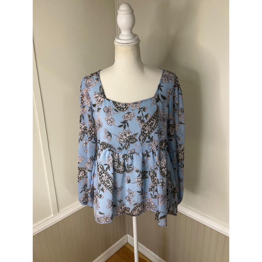 American Eagle Light Blue Paisley Floral Babydoll Tie Back Blouse Top Small - Picture 7 of 11